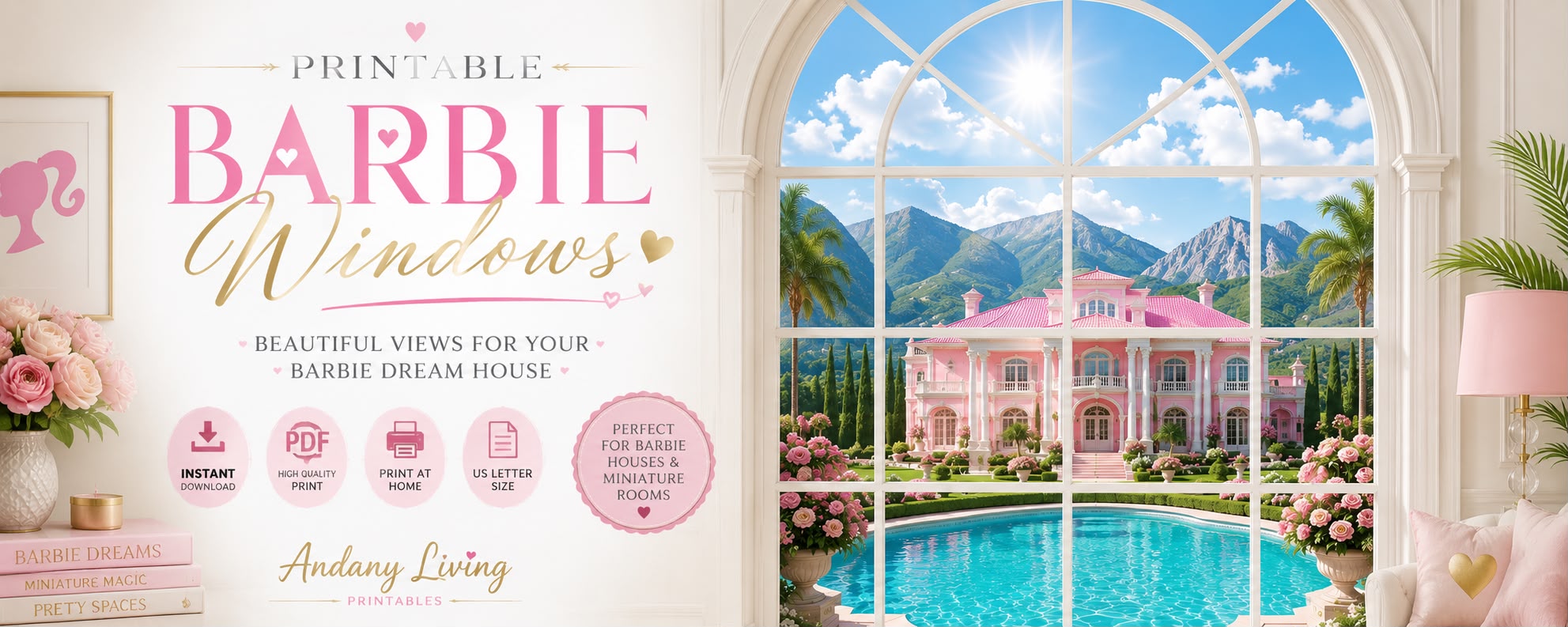 Printable Barbie Mansion Window – Elegant Dollhouse Window PDF (Letter Size)