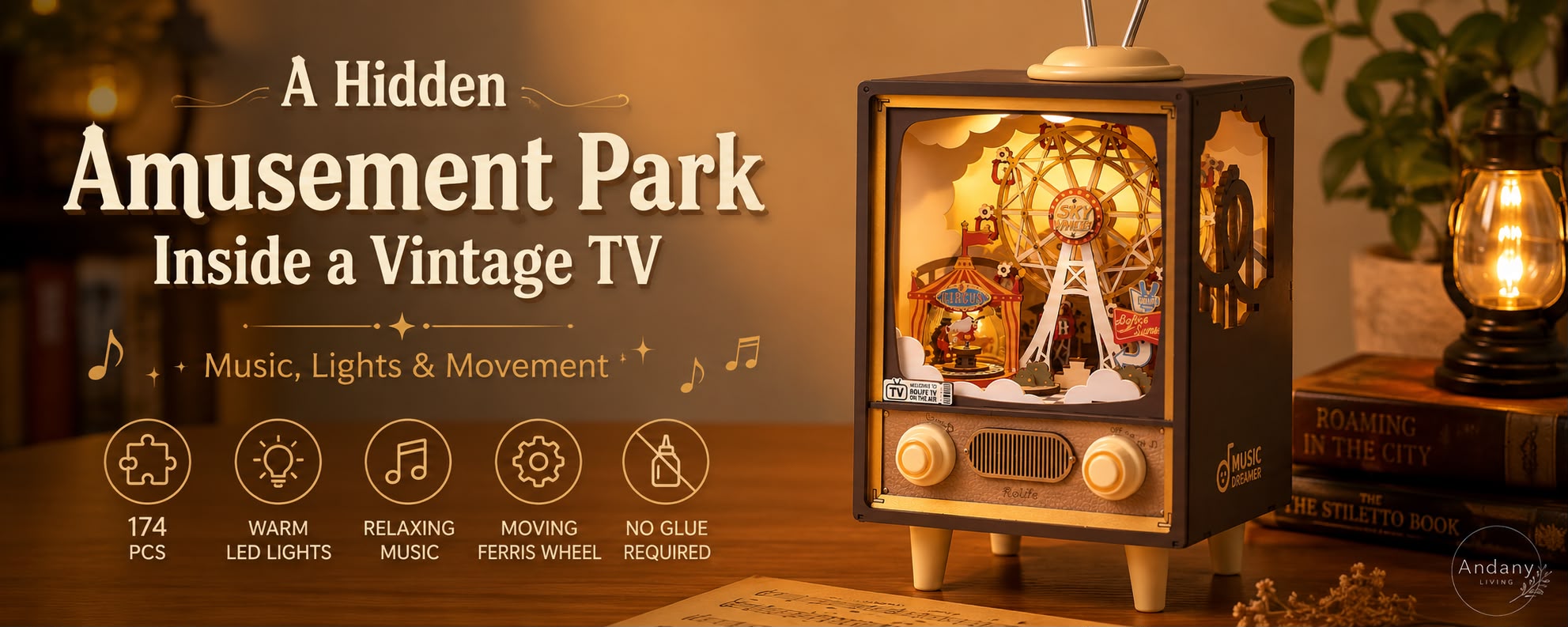 A Hidden Amusement Park Inside a Vintage TV | Rolife Sunset Carnival Music Box Kit