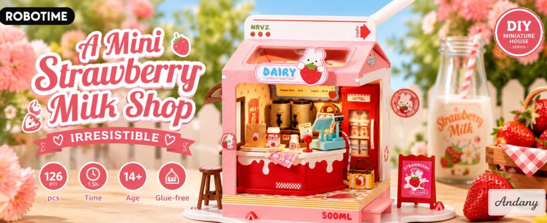 🥛 Strawberry Milk Box Miniature House – Robotime DIY Kit
