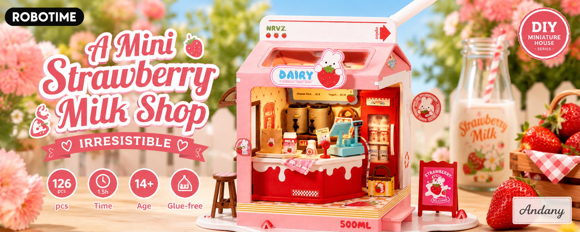🥛 Strawberry Milk Box Miniature House – Robotime DIY Kit