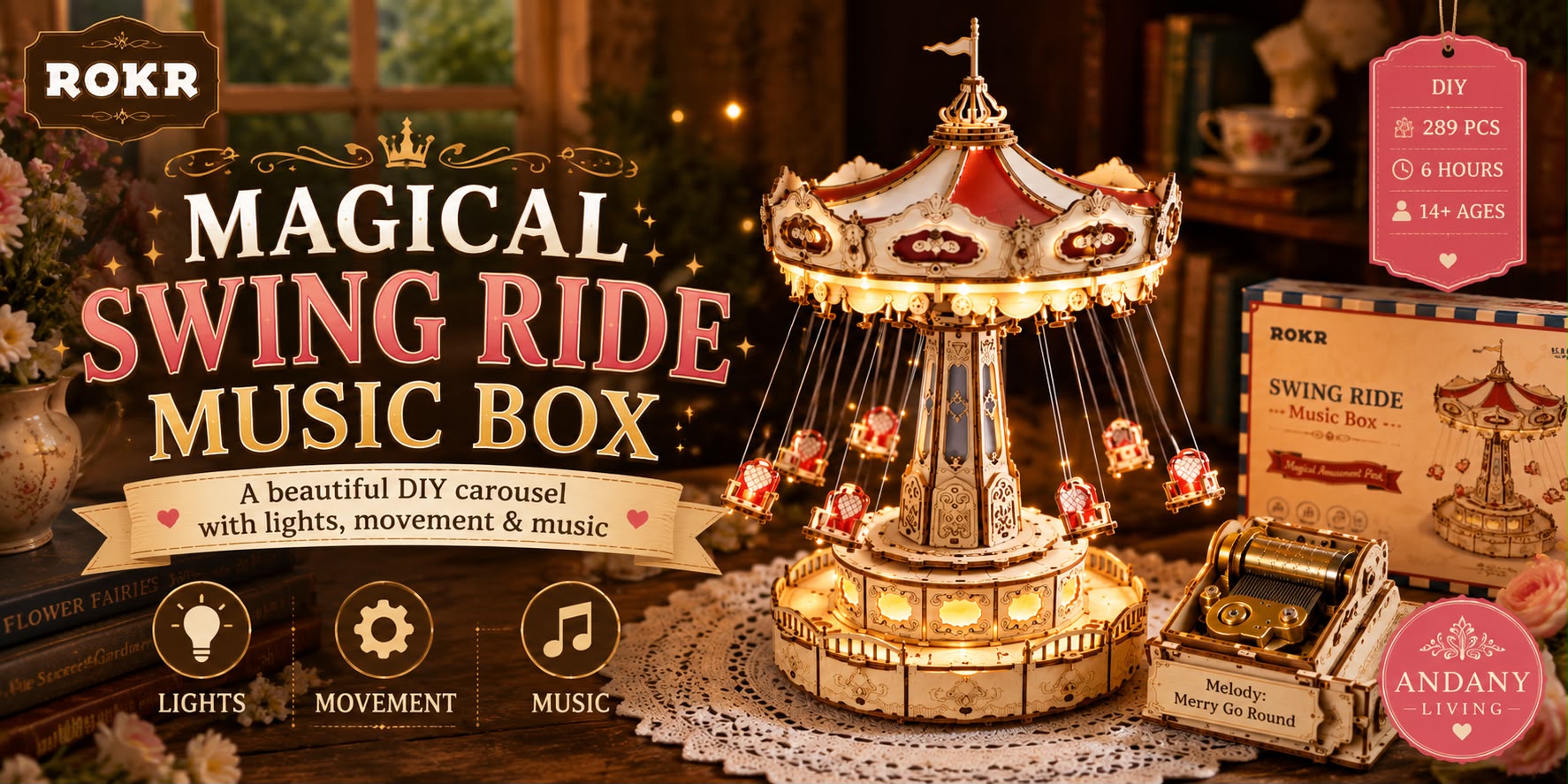 ROKR Swing Ride Music Box Review | Magical DIY Carousel with Lights & Music