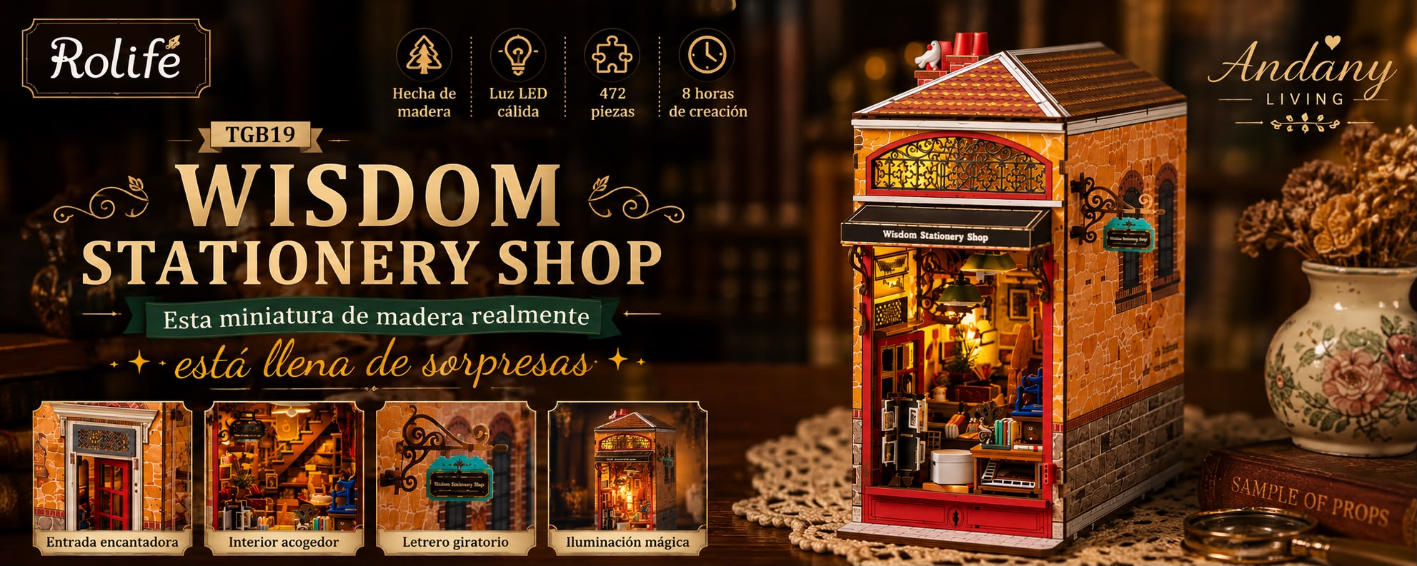 Rolife Wisdom Stationery Shop TGB19 | Wooden Miniature Book Nook with LED Lights
